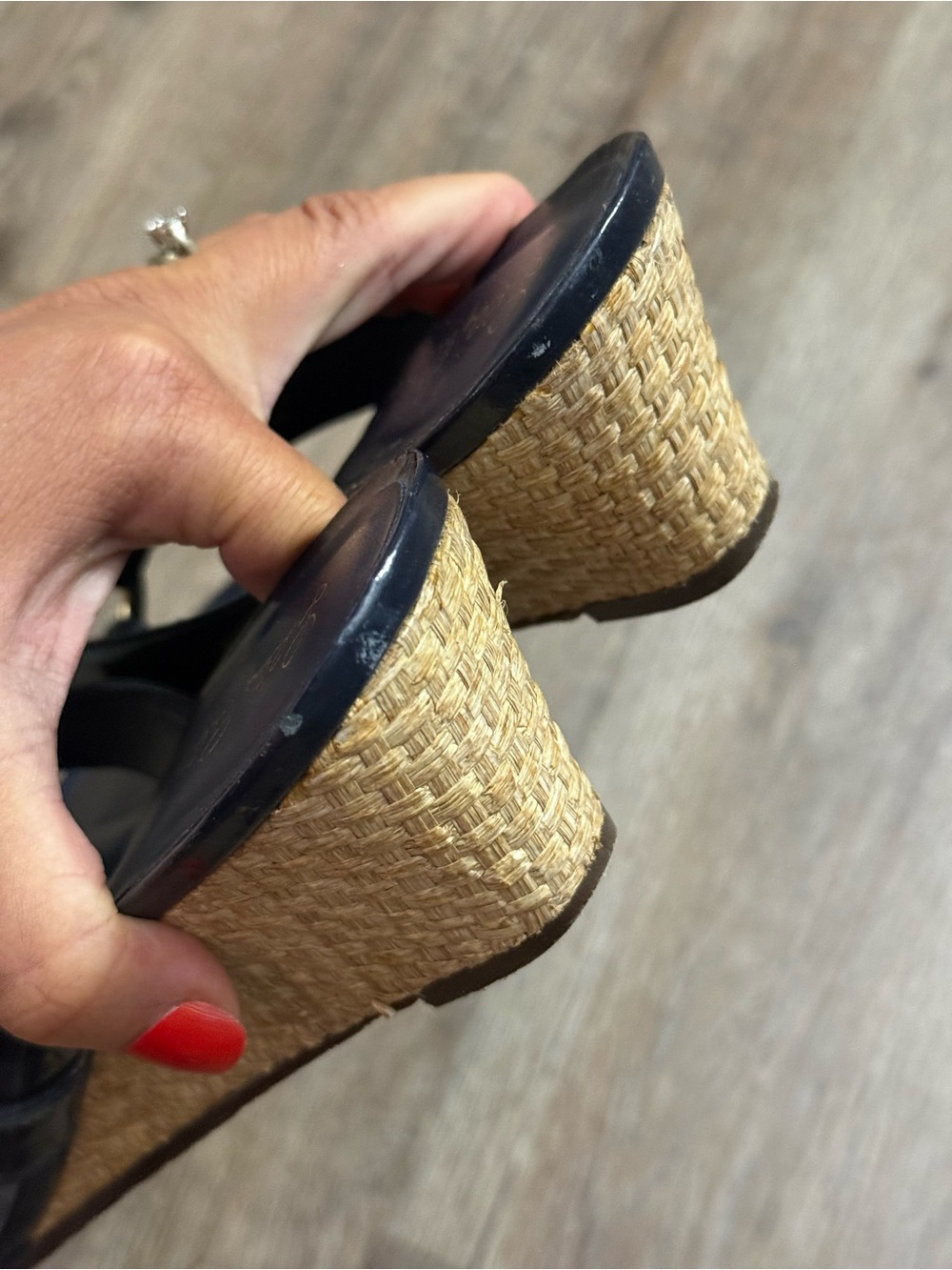 Lilly Pulitzer Navy Patent Wedge Thong Sandals with Gold Ring Accent - Picture 13 of 13